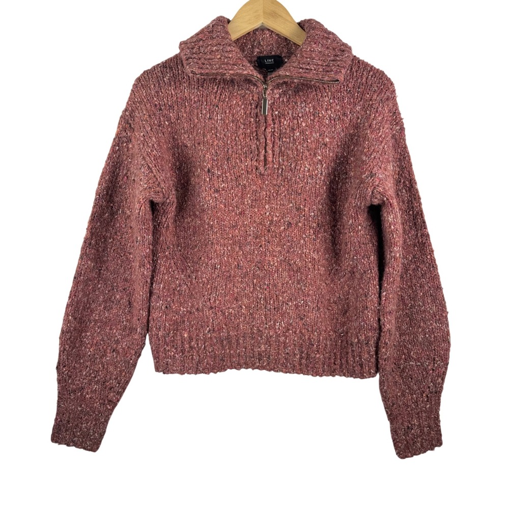 Line Sweater XS Pink Marled Wool Blend Quarter Zip Chunky Knit Pullover
